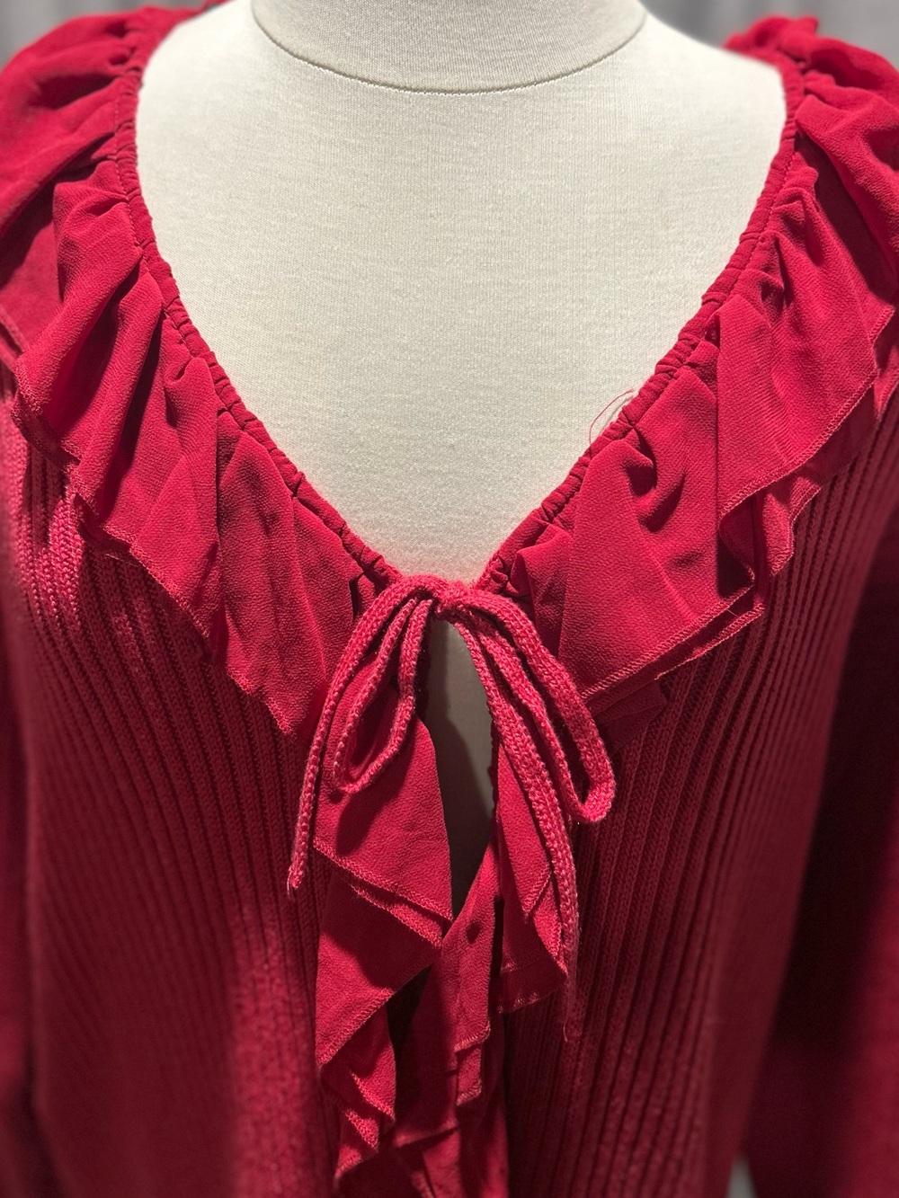 Jessica Simpson Red Ruffle-Front Ribbed Knit Top - Picture 3 of 8